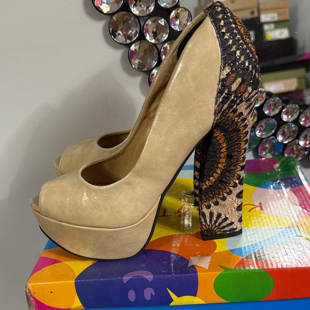 Kiss & Tell Beige Peep Toe Platform Heels